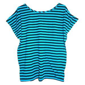 L.E.I. women's juniors x-large vintage blue black striped short sleeve blouse